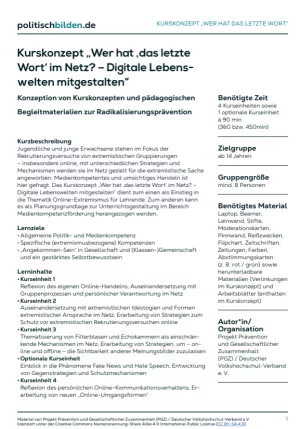 Arbeitsblatt: „Wer hat ‚das letzte Wort‘ im Netz? – Digitale Lebenswelten mitgestalten“ (Übersicht Kurskonzept)