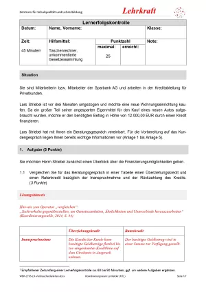 Lernkontrolle: Allgemein-Verbraucherdarlehensverträge abschließen: Lernerfolgskontrolle (Version Lehrkraft; PDF)