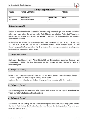 Lernkontrolle: Finanzdienstleistungen anbieten: Lernerfolgskontrolle (Version SchülerIn; PDF)