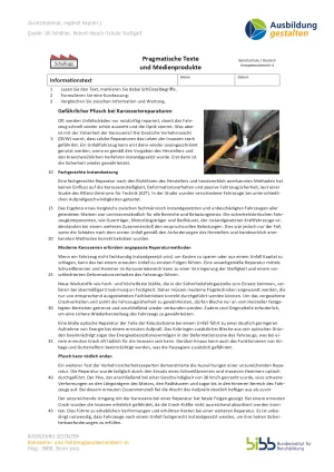 Arbeitsblatt: Arbeitstext Deutsch: „Gefährlicher Pfusch bei Karosseriereparaturen“