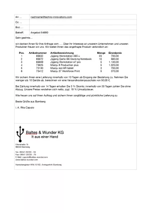 Unterrichtsbaustein: Angebotsvergleich anhand einer Bezugskalkulation - Zusatzmaterial Angebot Industrie 2 (DOCX)