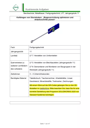 Unterrichtsbaustein: Kaltbiegen von Sturmhaken: Biegevorrichtung optimieren und Arbeitsschritte planen (PDF)