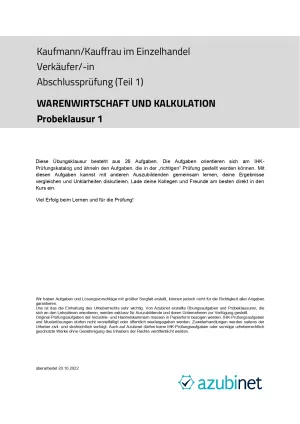 Test: Kaufmann/ Kauffrau im Einzelhandel | Verkäufer/-in: Abschlussprüfung: Warenwirtschaft und Kalkulation (Probeklausur)