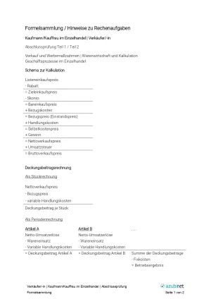 Unterrichtsbaustein: Kaufmann/ Kauffrau im Einzelhandel | Verkäufer/-in: Abschlussprüfung (Formelsammlung)