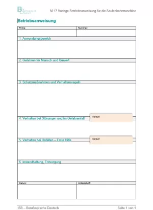 Arbeitsblatt: Vorlage Betriebsanweisung für die Säulenbohrmaschine
