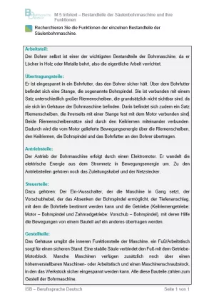 Arbeitsblatt: Bestandteile der Säulenbohrmaschine (Infotext)