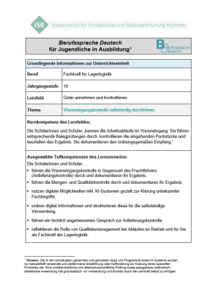 Unterrichtsplanung: Wareneingangskontrolle selbständig durchführen (PDF)