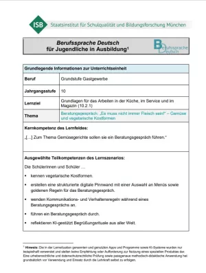 Unterrichtsplanung: Beratungsgespräch: „Es muss nicht immer Fleisch sein!“ (Neue Version, DOCX)