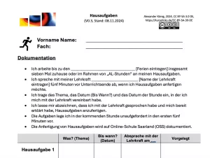 Arbeitsblatt: Arbeitsmaterial - Hausaufgaben dokumentieren