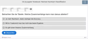 Lernspiel: C6-2 Multiple Choice: Veränderung der Accuracy auf den Irisdaten (Zusammenfassung) - erstes Jupyter Notebook (Quiz)