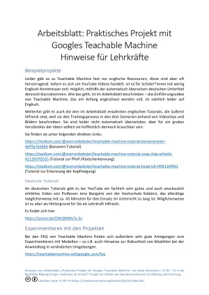 Arbeitsblatt: A5 Praxisprojekt - Arbeitsblatt Teachable Machine - Hinweise für Lehrkräfte