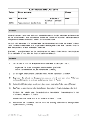 Unterrichtsbaustein: Klassenarbeit – Lernfelder 3 und 4 (DOCX)