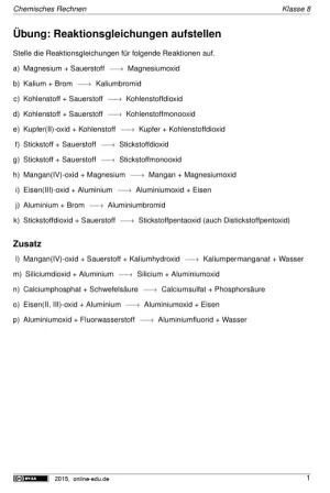 Arbeitsblatt: Reaktionsgleichungen aufstellen