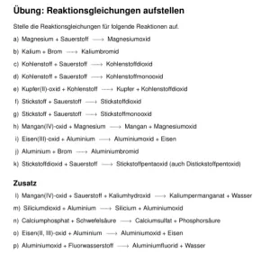 Arbeitsblatt: Reaktionsgleichungen aufstellen