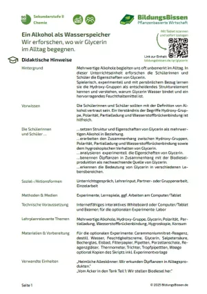 Unterrichtsbaustein: Ein Alkohol als Wasserspeicher: Wir erforschen, wo wir Glycerin im Alltag begegnen. | Didaktische Hinweise