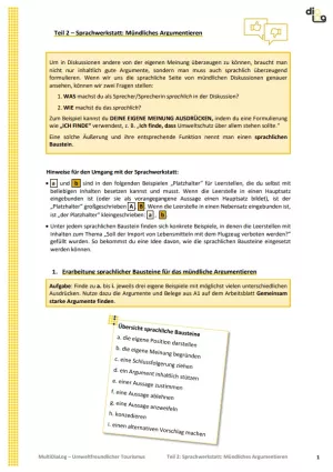 Arbeitsblatt: Umweltfreundlicher Tourismus | MultiDiaLog | Teil 2: Sprachwerkstatt: Mündliches Argumentieren
