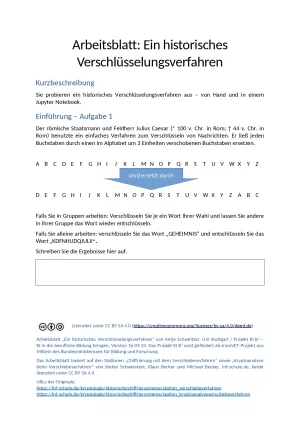 Arbeitsblatt: B5-1 Verschlüsselung - Arbeitsblatt: Ein historisches Verschlüsselungsverfahren