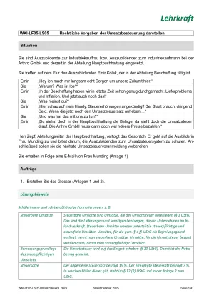 Unterrichtsplanung: Lernsituation Lernfeld 5 - Rechtliche Vorgaben der Umsatzbesteuerung darstellen (Version Lehrkraft) (DOCX)