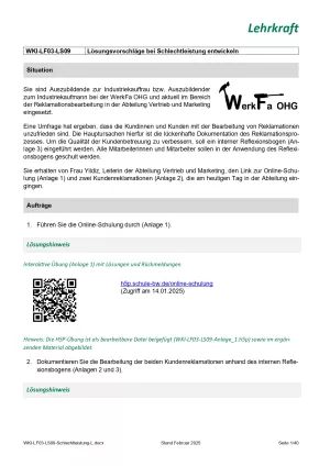 Unterrichtsplanung: Lernsituation Lernfeld 3 - Lösungsvorschläge bei Schlechtleistung entwickeln (Version Lehrkraft) (DOCX)