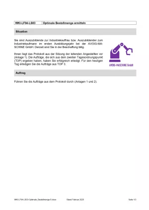 Unterrichtsbaustein: Lernsituation Lernfeld 4 - Optimale Bestellmenge ermitteln (Version Schüler/in) (PDF, barrierefrei)