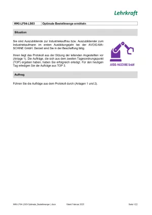 Unterrichtsplanung: Lernsituation Lernfeld 4 - Optimale Bestellmenge ermitteln (Version Lehrkraft) (PDF, barrierefrei)