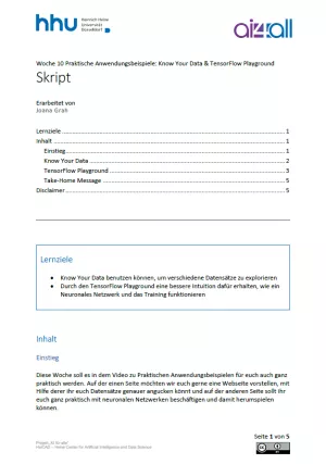 Kurs: Woche 10 | Anwendungsbeispiele | Know Your Data &amp; TensorFlow Playground (PDF)