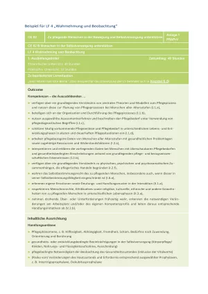 Unterrichtsplanung: Handreichung für die Pflegeausbildung am Lernort Pflegeschule | Beispiel für LF4