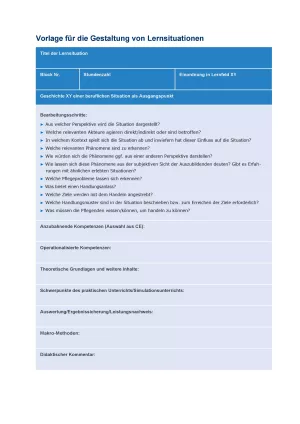Unterrichtsplanung: Handreichung für die Pflegeausbildung am Lernort Pflegeschule | Vorlage für die Gestaltung von LS