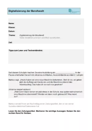 Arbeitsblatt: Lernstandsfeststellung: Digitalisierung der Berufswelt: Paper-Pencil-Test mit Bewertungshinweisen