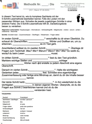 Arbeitsblatt: 5 - Schritt - Lesemethode - Arbeitsblatt