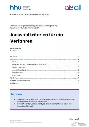 Kurs: Prognosemodelle: Klassifikation und Regression | 04 | Auswahlkriterien für ein Verfahren (PDF)
