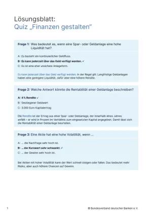 Arbeitsblatt: Finanzen gestalten | Interaktives Quiz (Lösungsblatt)