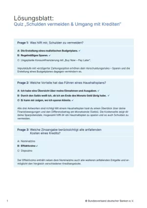 Arbeitsblatt: Schulden vermeiden | Interaktives Quiz (Lösungsblatt)