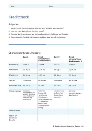 Arbeitsblatt: Schulden vermeiden | Kreditcheck (Arbeitsblatt)
