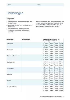 Arbeitsblatt: Finanzen gestalten | Geldanlagen (Arbeitsblatt)
