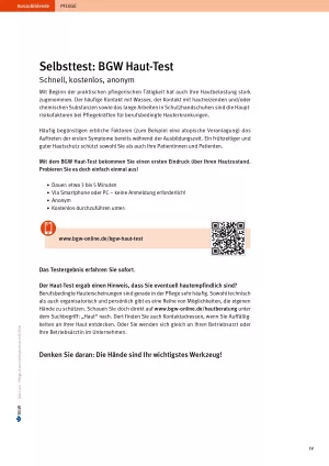 Arbeitsblatt: Take Care Haut und Hautschutz: Selbsttest: BGW Haut-Test (Infoblatt für Auszubildende)