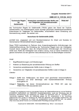 Broschuere: Technische Regeln für Gefahrstoffe: Verzeichnis sensibilisierender Stoffe und von Tätigkeiten mit sensibilisierenden Stoffen