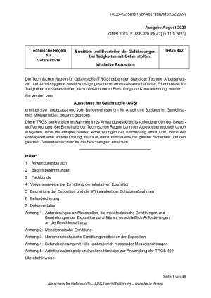 Broschuere: Technische Regeln für Gefahrstoffe: Ermitteln und Beurteilen der Gefährdungen bei Tätigkeiten mit Gefahrstoffen: Inhalative Exposition