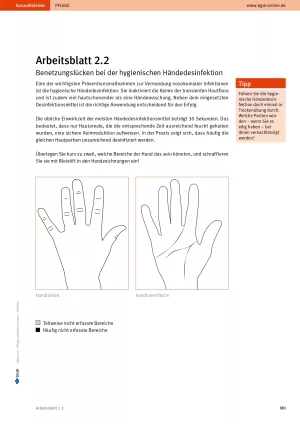 Arbeitsblatt: Take Care Infektionsschutz: Benetzungslücken bei der hygienischen Händedesinfektion (Arbeitsblatt 2.2)