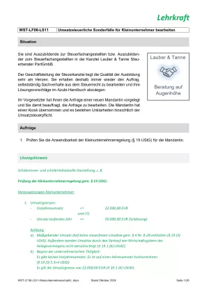 Unterrichtsbaustein: Umsatzsteuerliche Sonderfälle für Kleinunternehmer bearbeiten (Version Lehrkraft) (DOCX)