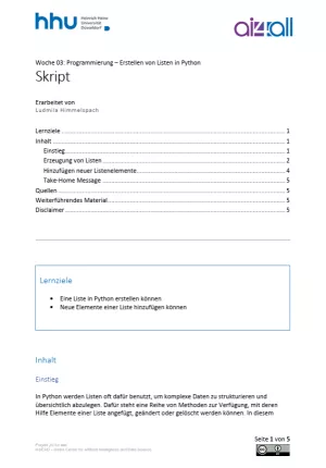 Kurs: Woche 3 | Programmierung | Erstellen von Listen in Python (PDF)