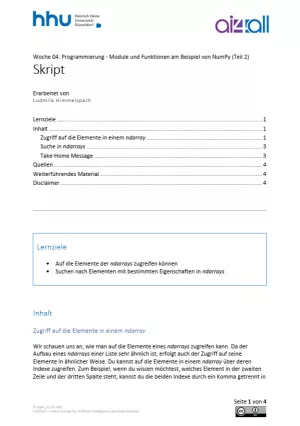 Kurs: Woche 4 | Programmierung | Module und Funktionen am Beispiel von NumPy (2) (PDF)