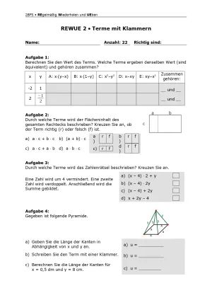 Arbeitsblatt: Mathematik für die Berufsfachschule: REWUE 2 Terme mit Klammern
