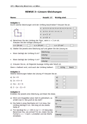 Arbeitsblatt: Mathematik für die Berufsfachschule: REWUE 3 Lineare Gleichungen