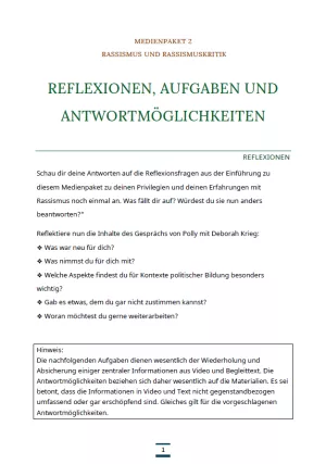 Arbeitsblatt: Medienpaket 2 | Rassismus und Rassismuskritik | Reflexionen und Aufgaben