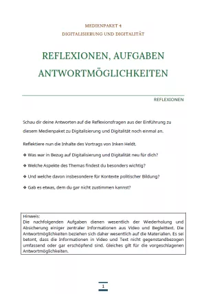 Arbeitsblatt: Medienpaket 4 | Digitalisierung und Digitalität | Reflexionen und Aufgaben