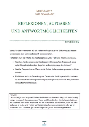 Unterrichtsbaustein: Medienpaket 5 | Gute Demokratie | Reflexionen und Aufgaben