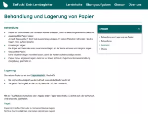 Webseite: Behandlung und Lagerung von Papier