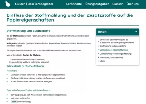 Webseite: Einfluss der Stoffmahlung und der Zusatzstoffe auf die Papiereigenschaften