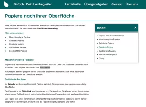Webseite: Papiere nach ihrer Oberfläche